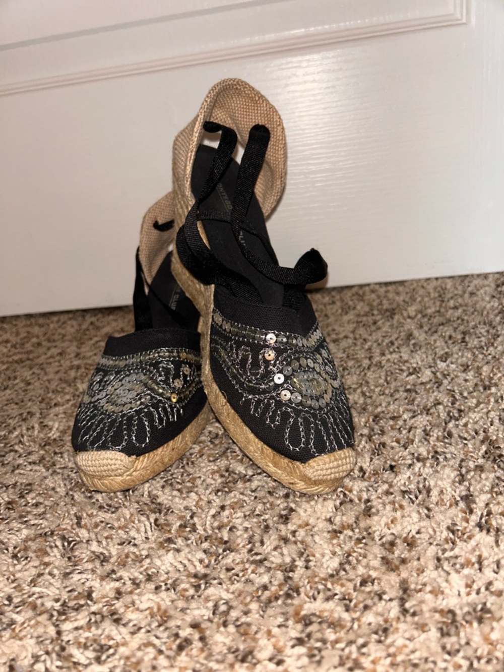 Montego Bay Club Black Sequin Ankle-Tie Wedge Espadrilles - Picture 9 of 10